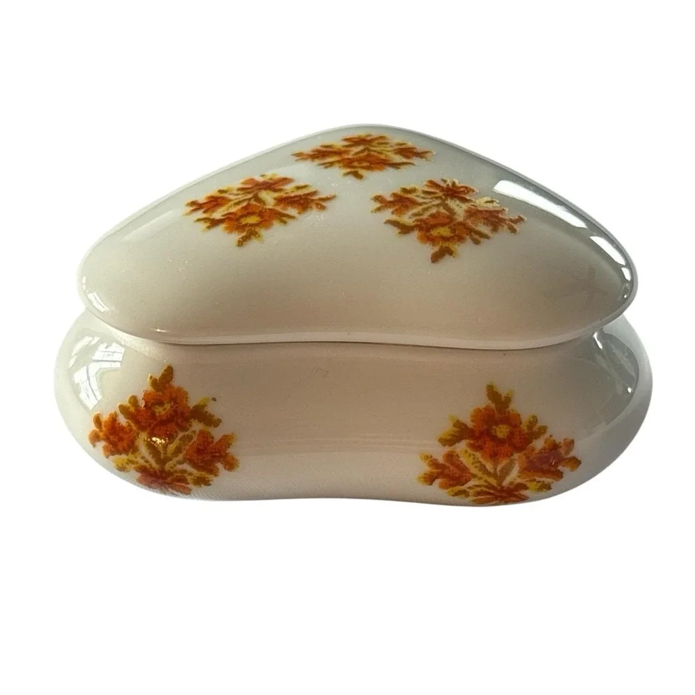 Limoges France Trinket Box Hand Painted Heart Shaped Floral Orange VTG Porcelain